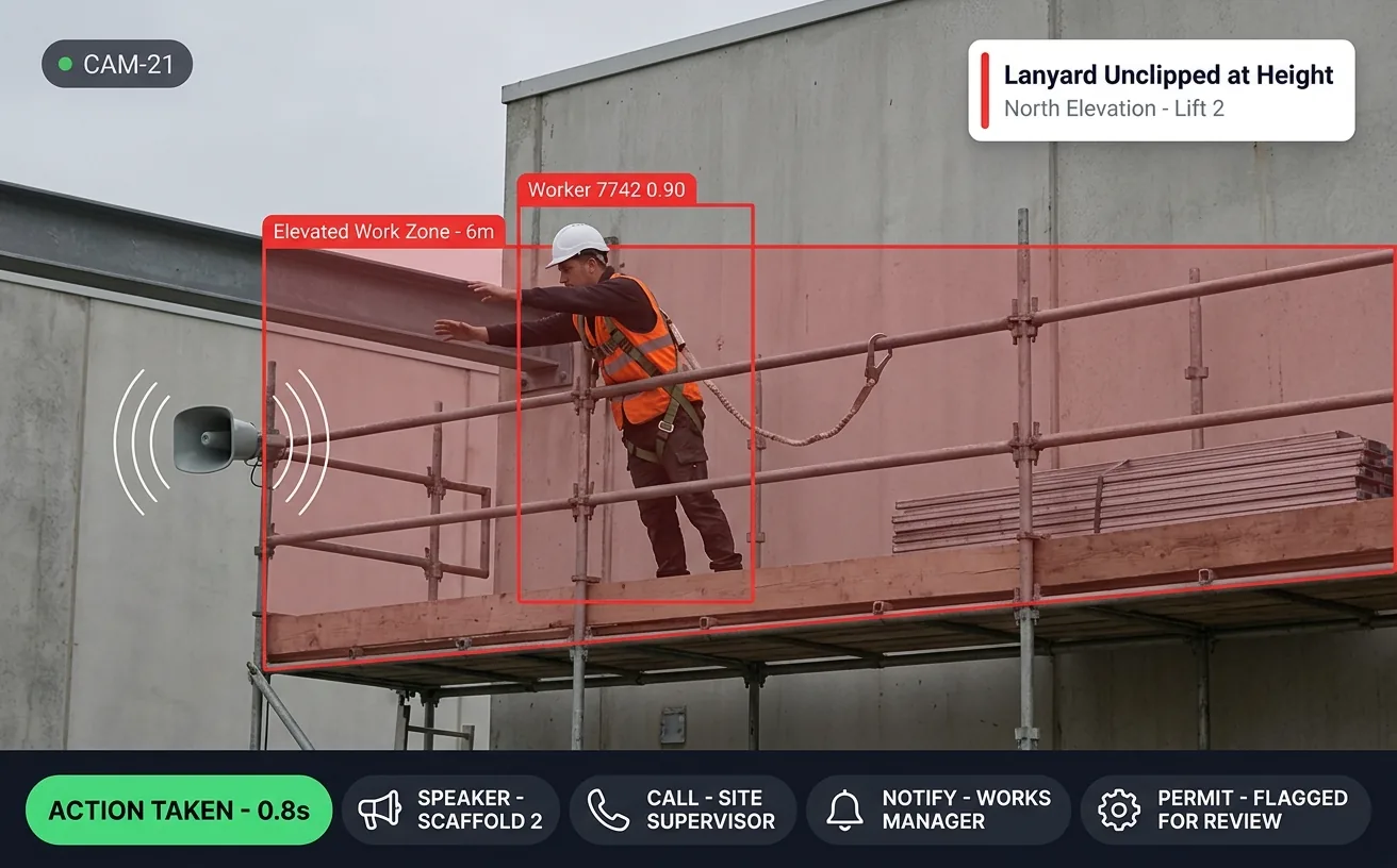 Vision AI detecting a scaffold worker leaning past the guardrail with an unclipped harness lanyard