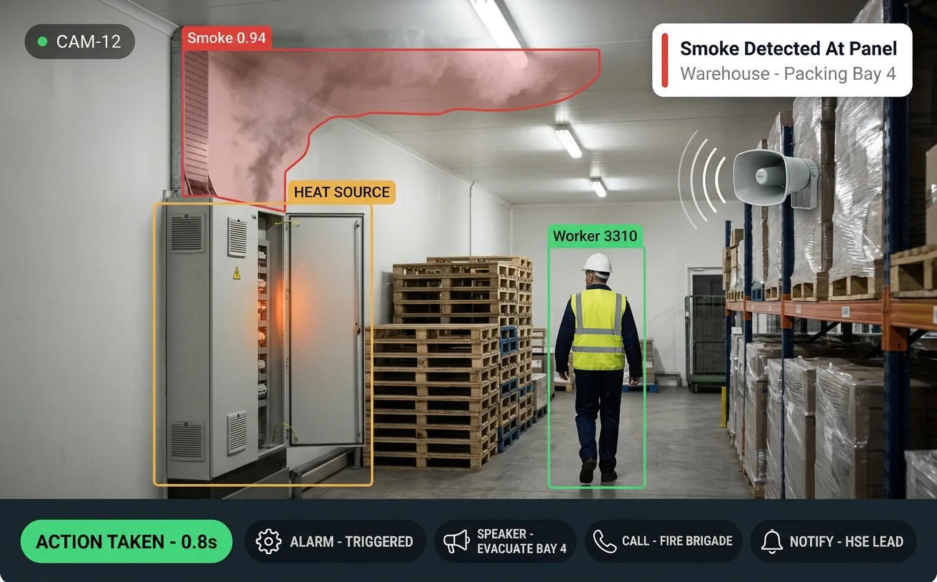 Vision AI detecting smoke rising from an electrical distribution panel in a warehouse packing bay, with a worker walking away unaware