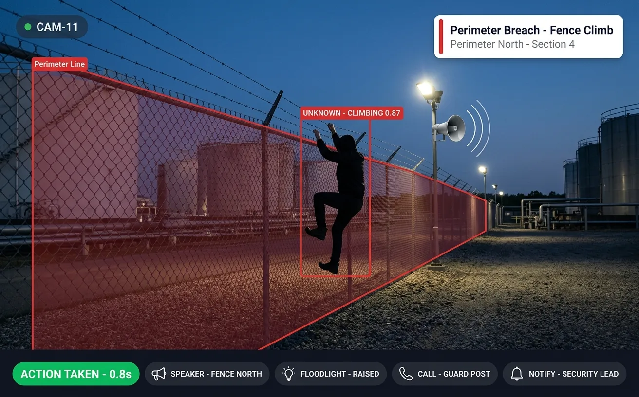 Vision AI detecting a perimeter breach as an intruder climbs the fence line of an industrial site at night