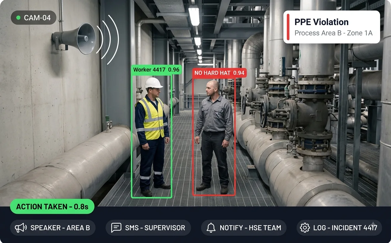 Vision AI detecting a PPE violation, with one worker compliant in hard hat and high-visibility vest and a second flagged for no hard hat