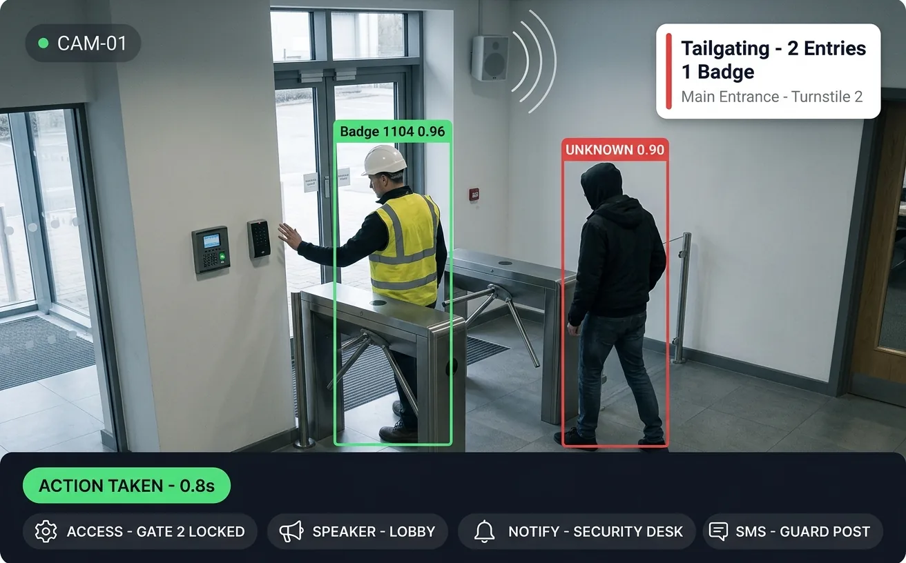 Vision AI detecting tailgating at a turnstile, with two people entering on a single badge scan