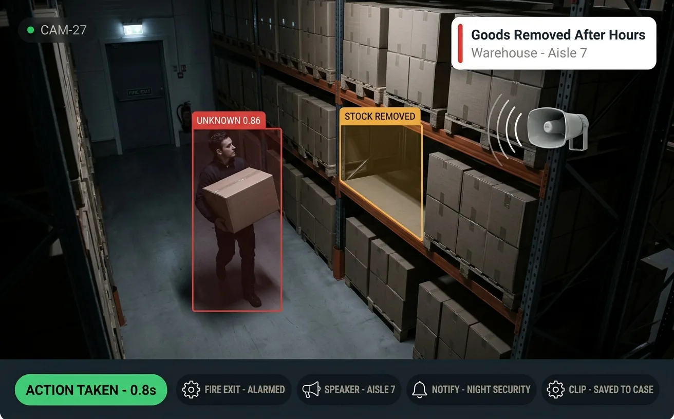 Vision AI detecting a person carrying a box away from warehouse racking after hours, with the emptied shelf slot flagged alongside them