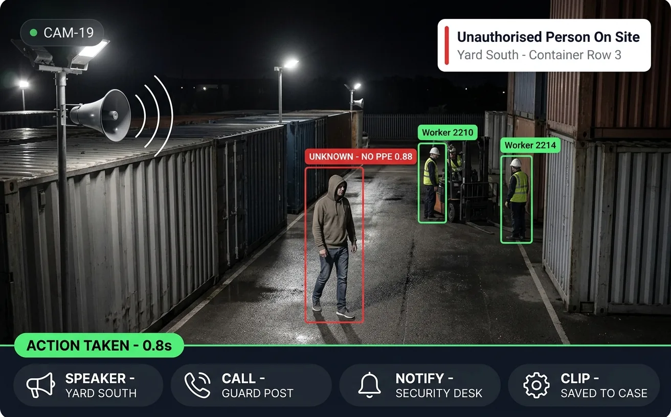 Vision AI detecting an unauthorised person without PPE in a container yard alongside badged workers