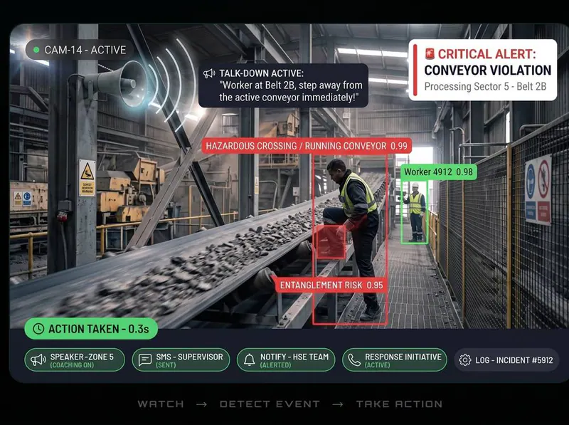 Worker crossing an active conveyor