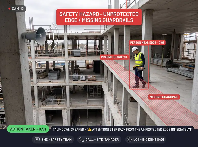 Worker near unprotected edge with missing guardrails