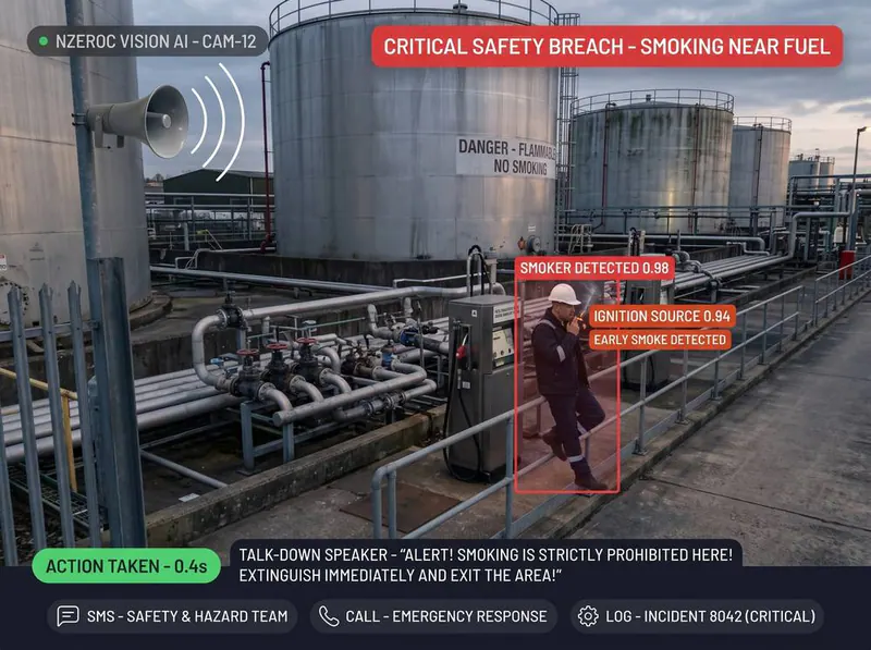 Worker smoking near fuel tanks