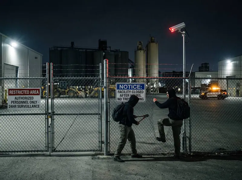 Intruders climbing a perimeter fence at night