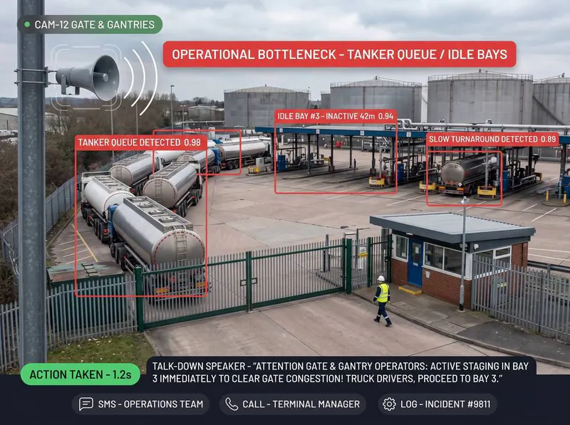 Tanker queue and idle bays at a terminal
