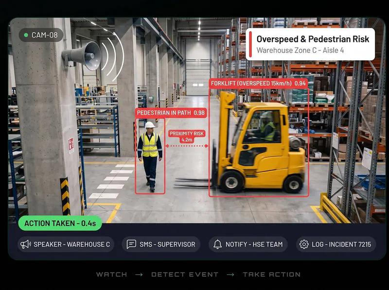 Forklift overspeed near pedestrian detected by Vision AI