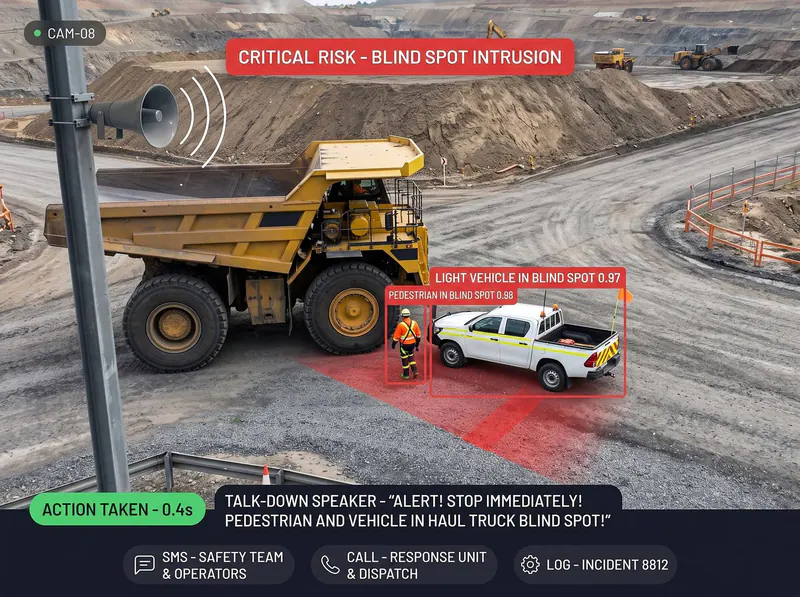 Light vehicle in haul truck blind spot detected by Vision AI