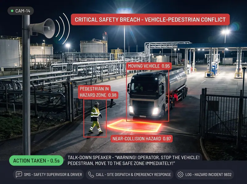 Vision AI detects a person in a truck path at an oil and gas terminal at night