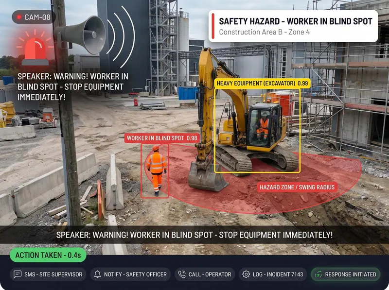 Worker in a heavy equipment blind spot on a construction site