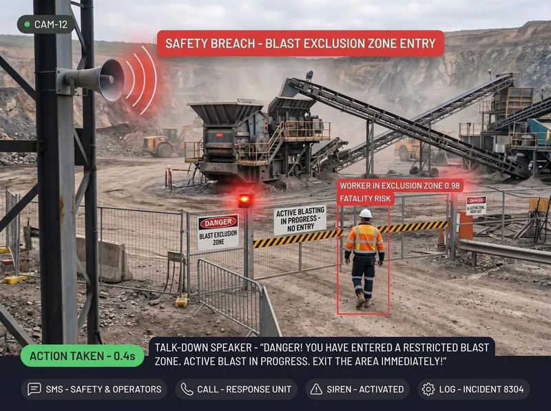 Worker entering a blast exclusion zone at a mine