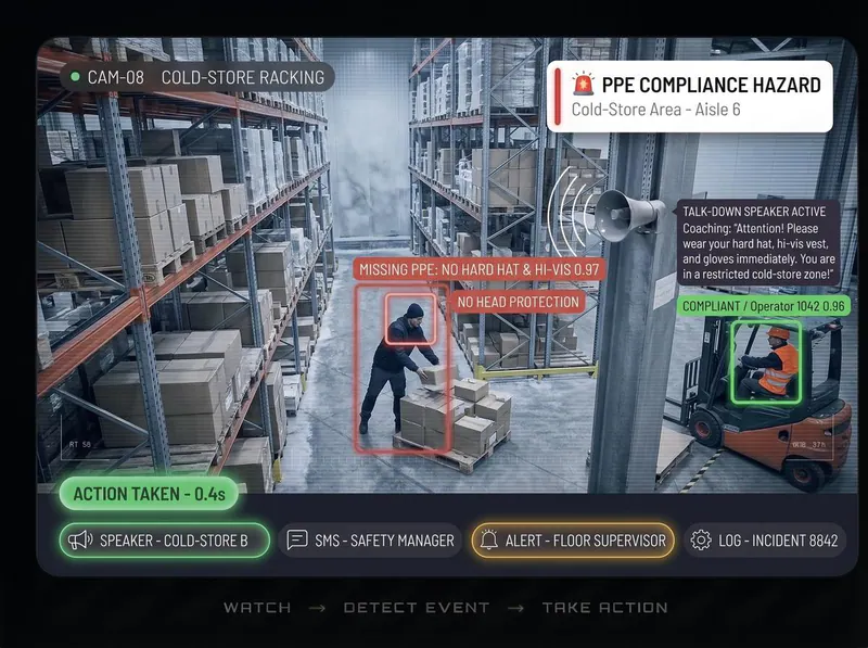 PPE compliance hazard in a cold-store warehouse aisle
