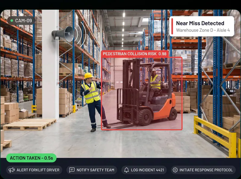 Forklift and pedestrian near miss in a warehouse, detected and acted on by Vision AI